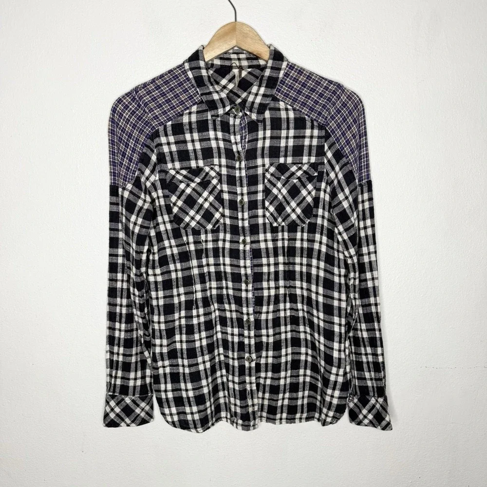 Free People Catch Up With Me Plaid Flannel Shirt Black Purple Womens Smal